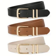 Paski - TEMU Zestaw 3 sztuk damskich pasków - Pasy ze złotymi klamram, Czarny/Brązowy Beżowe Uniwersalne na každą porę roku do sukienek spodni i Dla - miniaturka - grafika 1