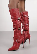 Kozaki damskie - Bordowo-Czerwone Kozaki na Szpilce Typu Bikery z Ozdobnymi Paskami i Klamrami Jeslife - miniaturka - grafika 1