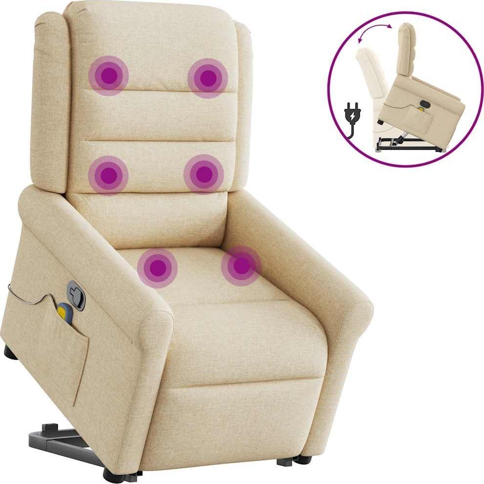 Podnoszony fotel masujący, rozkładany, kremowy, obity tkaniną
