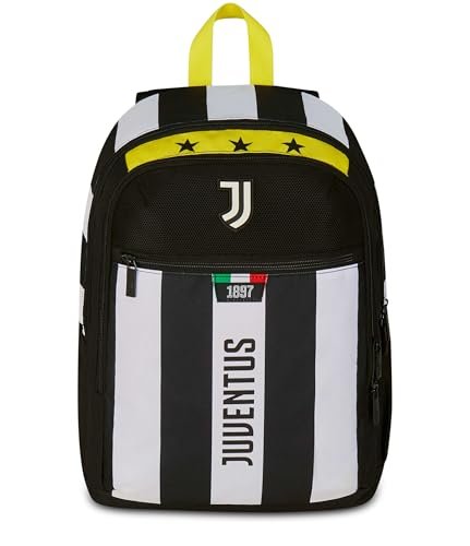 Seven Juventus plecak z podwójnym przedziałem, czarno-biały, przednia kieszeń zapinana na zamek i kieszeń na butelkę, dla dzieci, szkoły podstawowej, piłki nożnej, czarne, Taglia unica, Casual