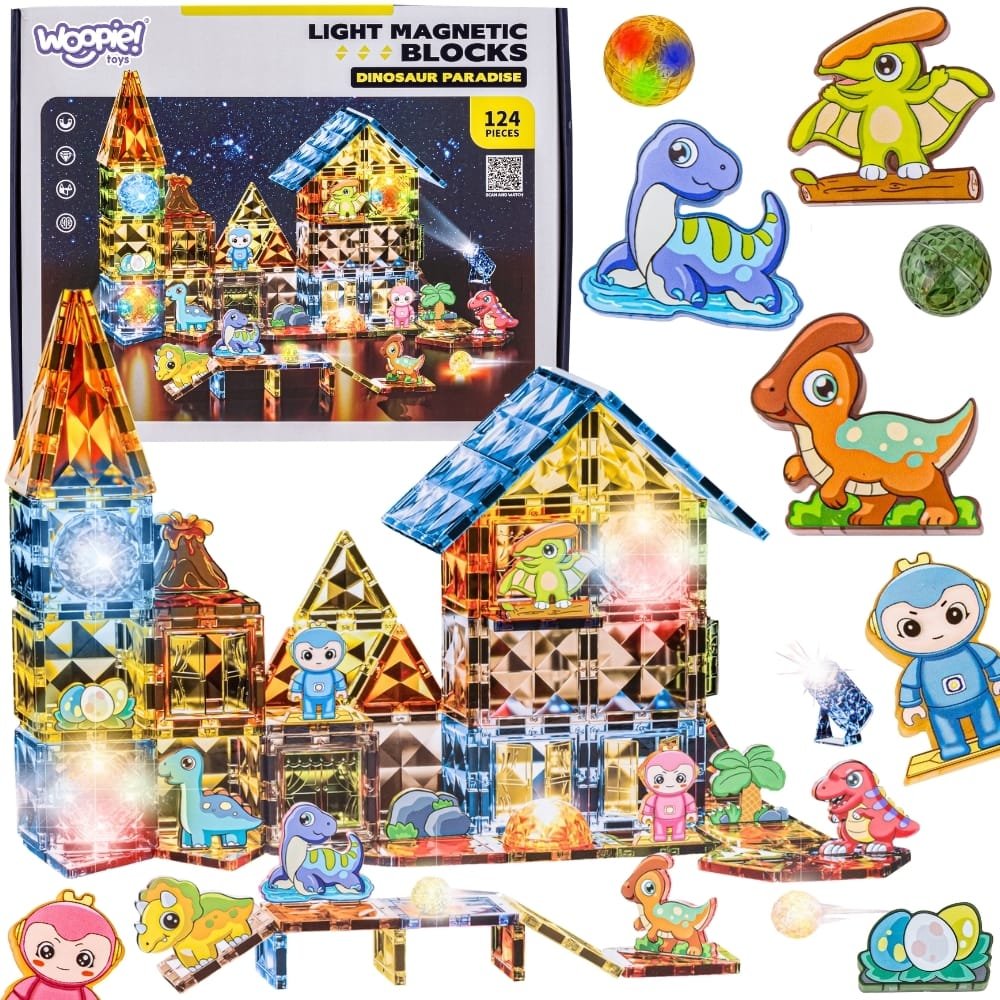 WOOPIE Klocki Magnetyczne Konstrukcyjne Świecące 3D Park Dinozaurów 124el.
