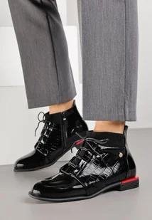 Czarne Lakierowane Botki Vices ze Sznurowaną Cholewką i Tłoczeniem Ozvila - Botki damskie - miniaturka - grafika 1