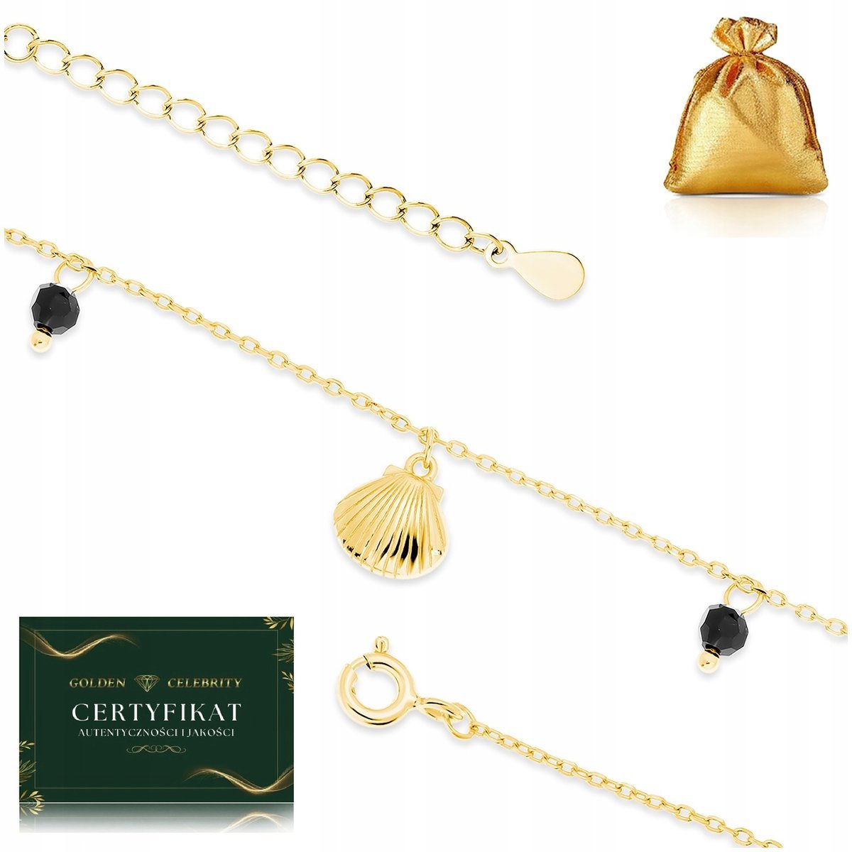 ZŁOTA BRANSOLETKA NA NOGĘ, KOSTKĘ, SREBRO 925 REGULOWANA, MUSZELKI+KORALIKI