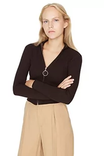 Trendyol Damska bluzka damska Slim Bodycon Stojący Kołnierz Dzianinowa Bluzka Koszula, Brązowa, L, Brązowy, L - Body - miniaturka - grafika 1