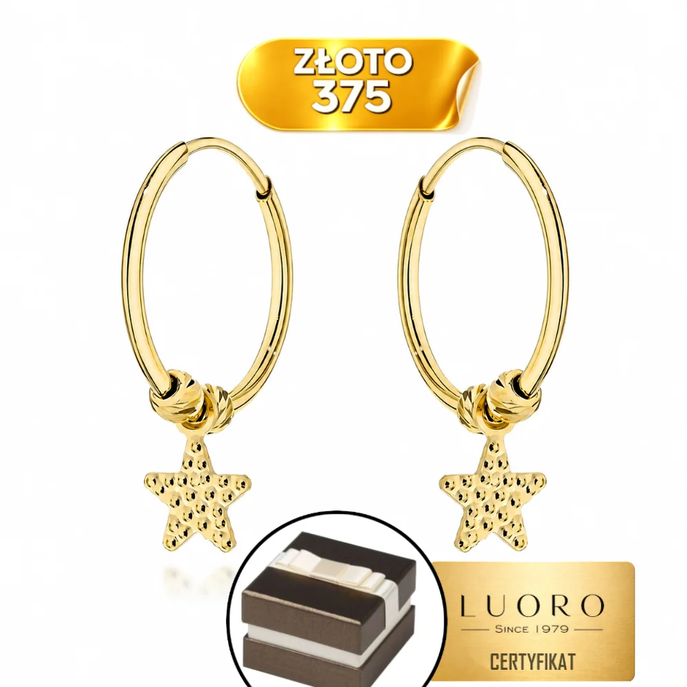 KOLCZYKI ZŁOTE 375 GWIAZDKI I KULKI NA KREOLU 17,6 MM ELEGANCKIE