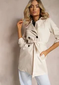 Płaszcze damskie - Beżowy Płaszcz Zapinany Dwurzędowy z Paskiem w Talii Leciana - miniaturka - grafika 1