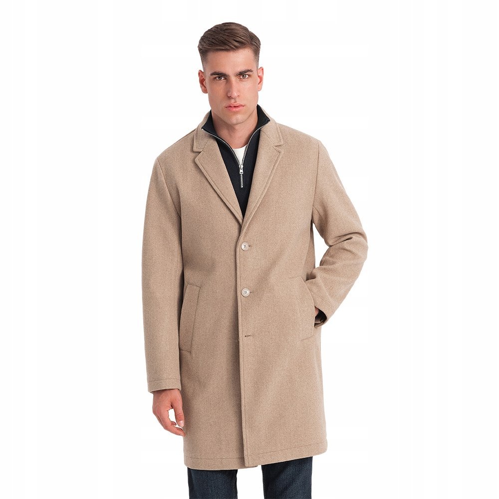 Męski elegancki lekki płaszcz jednorzędowy bez podszewki beżowy V7 C636 XXL