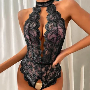 Koronkowe body z chokerem - XL Czarny - Body - miniaturka - grafika 1