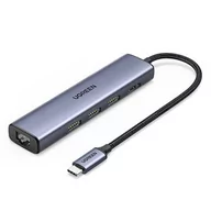 Kable USB - Ugreen adapter konwerter HUB 5w1 USB C - 3x USB 3.0 / HDMI / RJ45 szary (CM475) - miniaturka - grafika 1