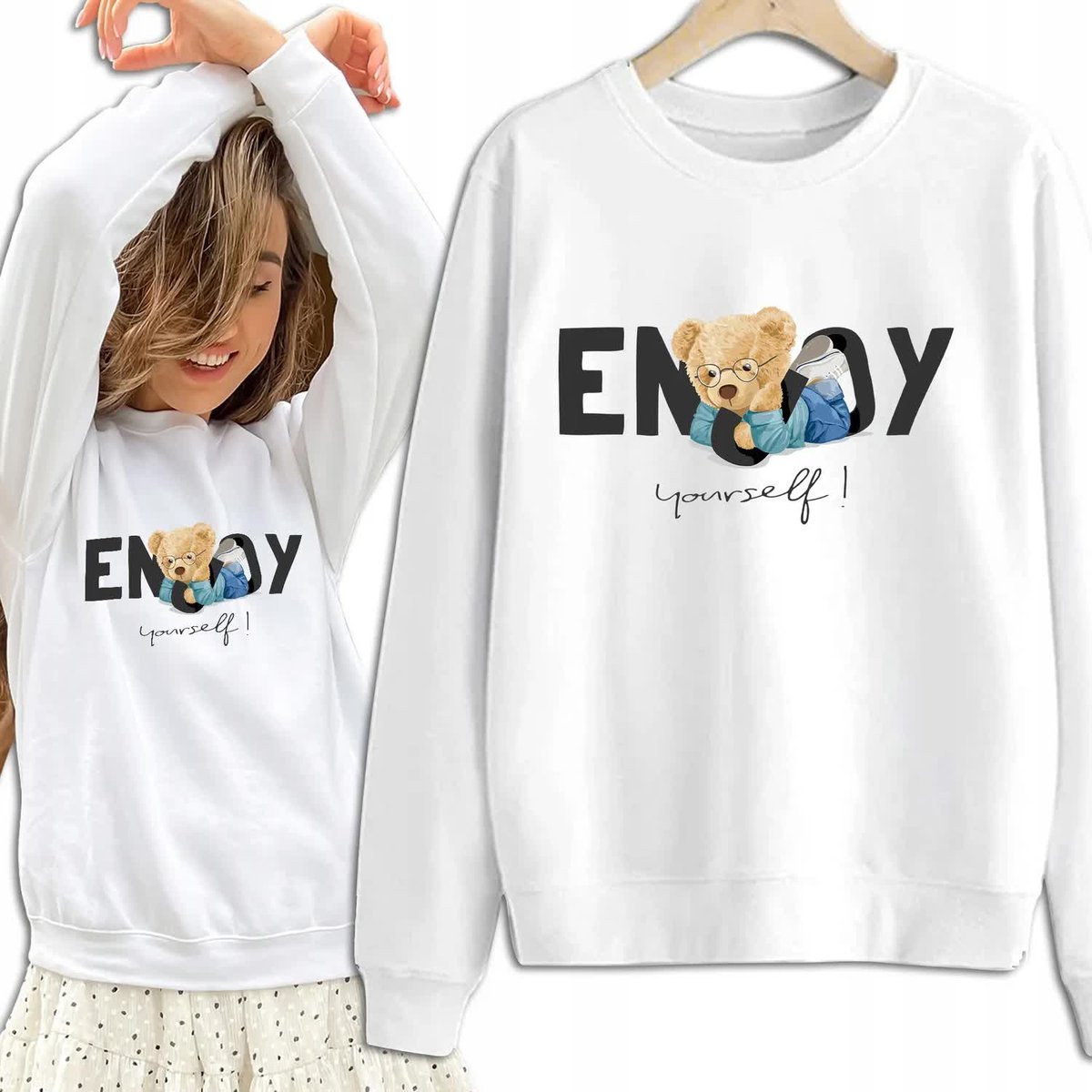 Bluza Damska Biała Dresowa ENJOY YOURSELF Kobiece Dziewczęce Wzory Rozm M