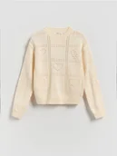 Swetry dla dziewczynek - Reserved - Sweter z ażurowym wzorem - złamana biel - miniaturka - grafika 1