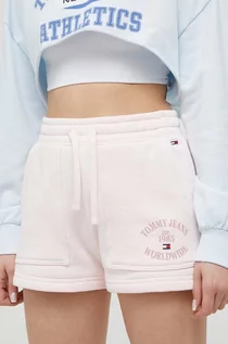 Spodenki damskie - Tommy Jeans szorty bawełniane kolor różowy z nadrukiem high waist - grafika 1