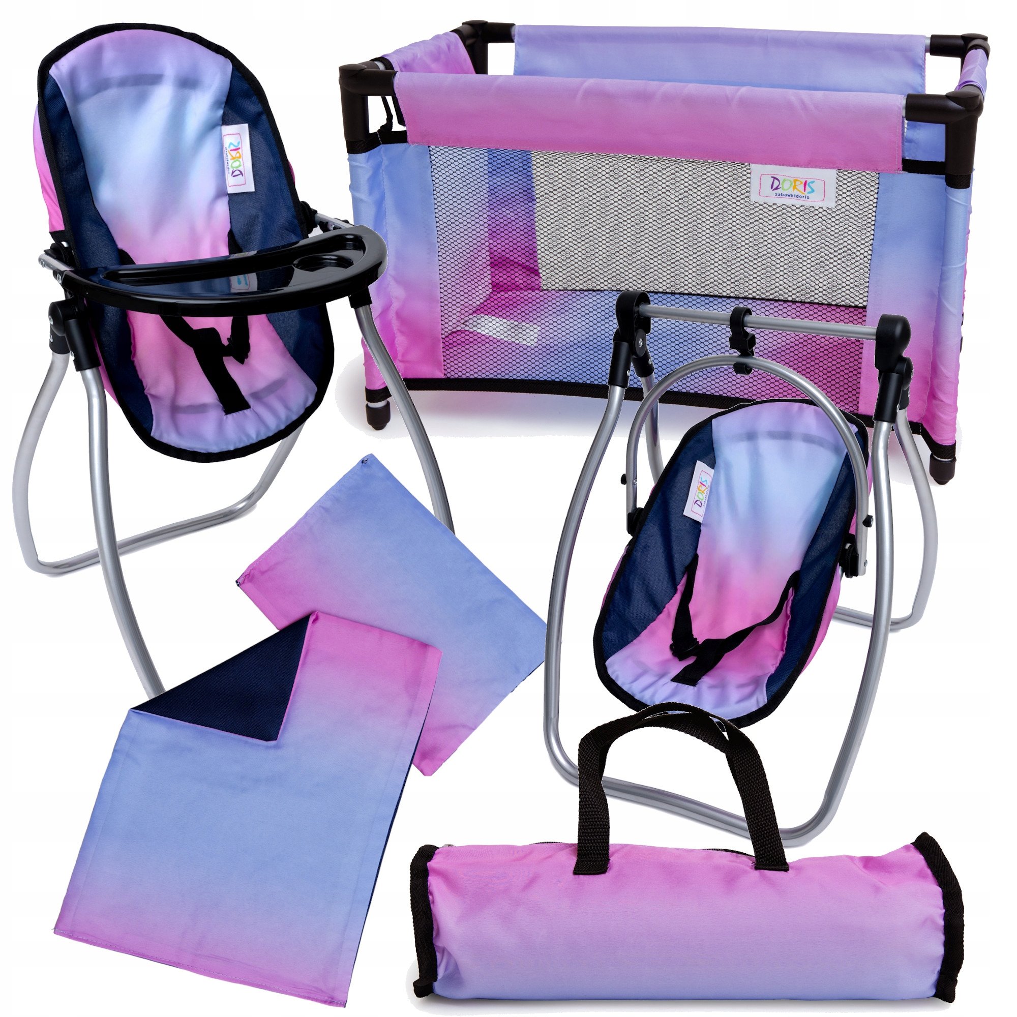 Zestaw dla lalek Łóżeczko pościel Krzesełko do karmienia Huśtawka dla lalki