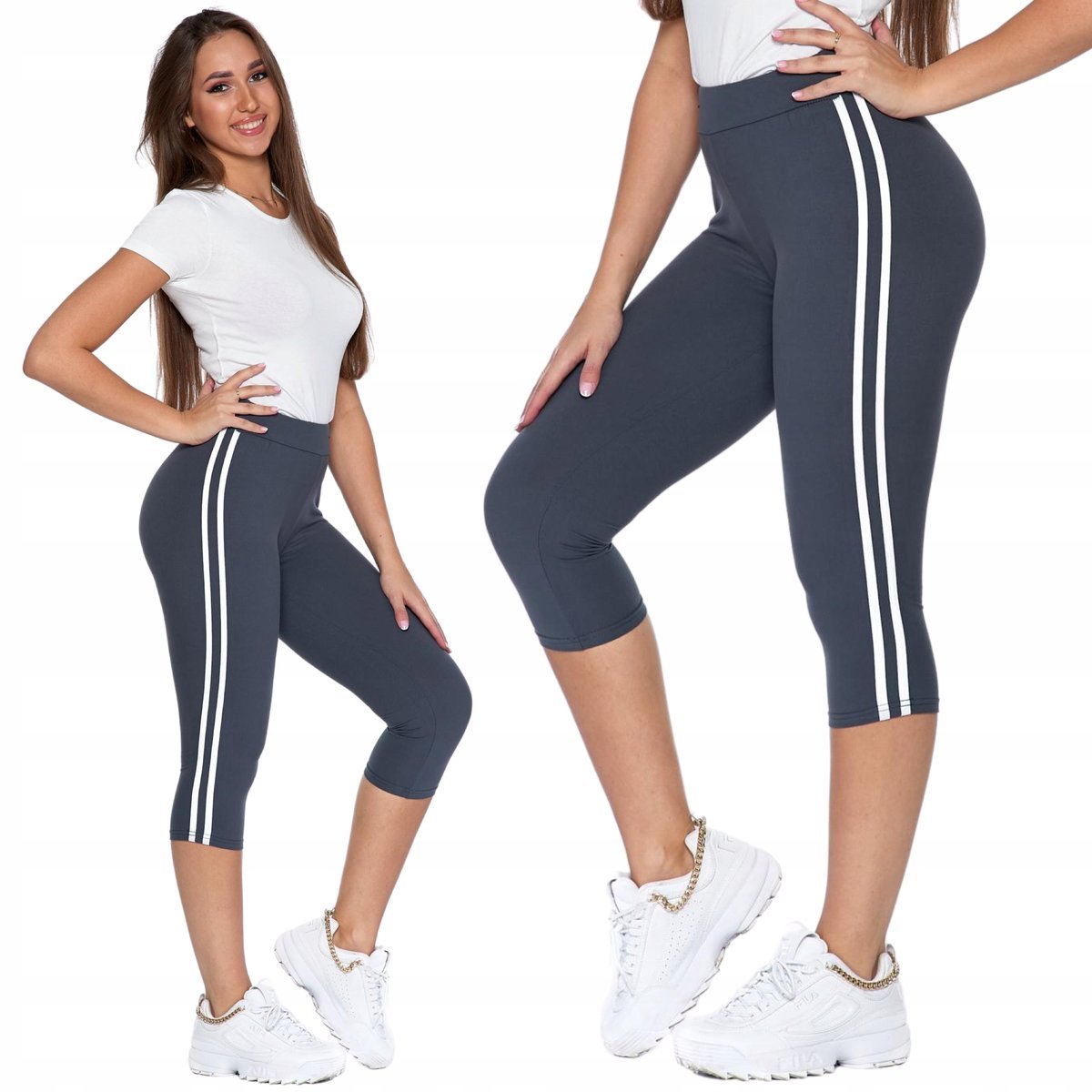 Sportowe Legginsy Damskie 3/4 Klasyczne Getry Fit Z Lampasem Moraj 3Xl Grey