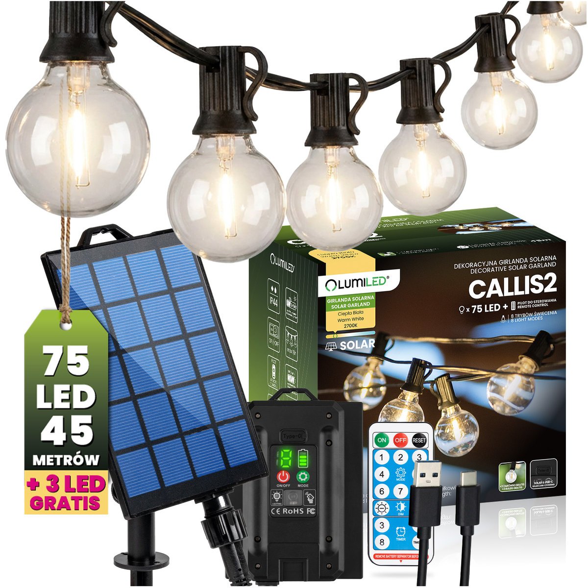 Lumiled Girlanda Solarna Ogrodowa 75x LED Ozdobne Kuleczki 45m 2700K Ciepła + Pilot CALLIS2
