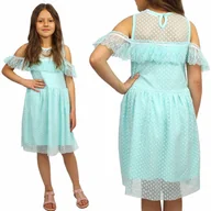 Sukienki - Elegancka SUKIENKA Falbanka TIUL Grochy TURKUS 116 - miniaturka - grafika 1