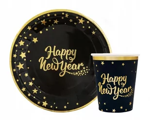 Talerzyki kubeczki Happy New Year czarne złote gwiazdki Nowy Rok Sylwester - Dekoracje i nakrycia stołu na imprezę - miniaturka - grafika 1