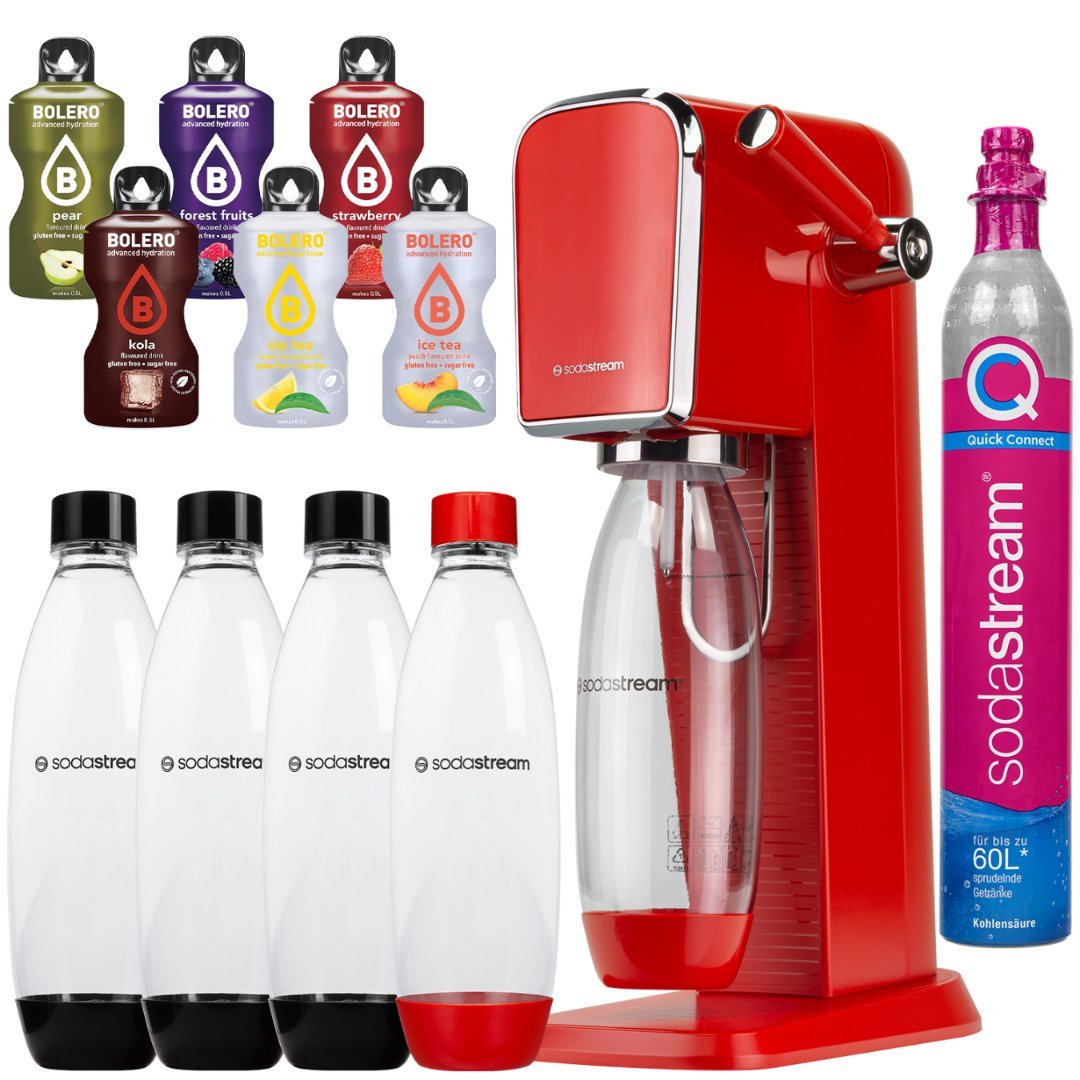 Saturator do wody SODASTREAM ART Red - czerwony, gazowanie wody bez BPA, zestaw z butelkami i smakami