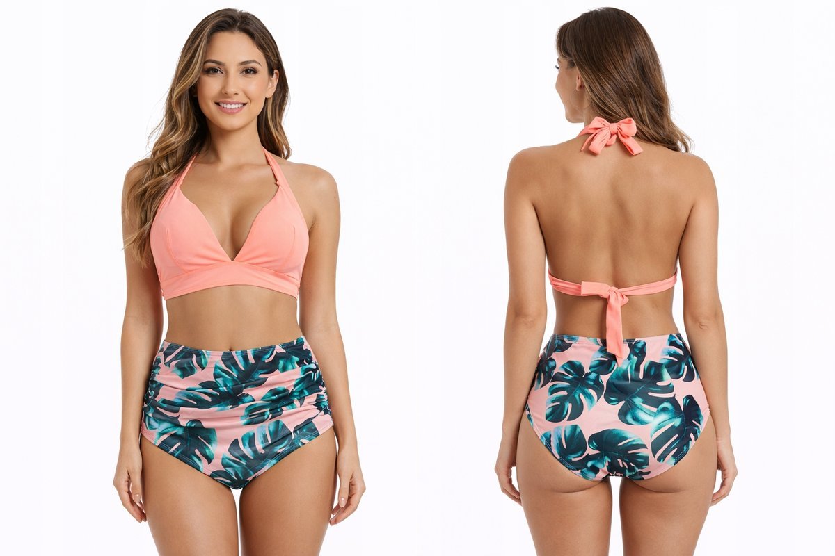 DAMSKI STRÓJ KĄPIELOWY BIKINI WYSOKI STAN LIŚCIE WIĄZANY MODNY