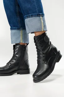 Czarne botki skórzane damskie Sergio Leone z ozdobą na cholewce sznurowane BT682-S-CA - Botki damskie - miniaturka - grafika 1