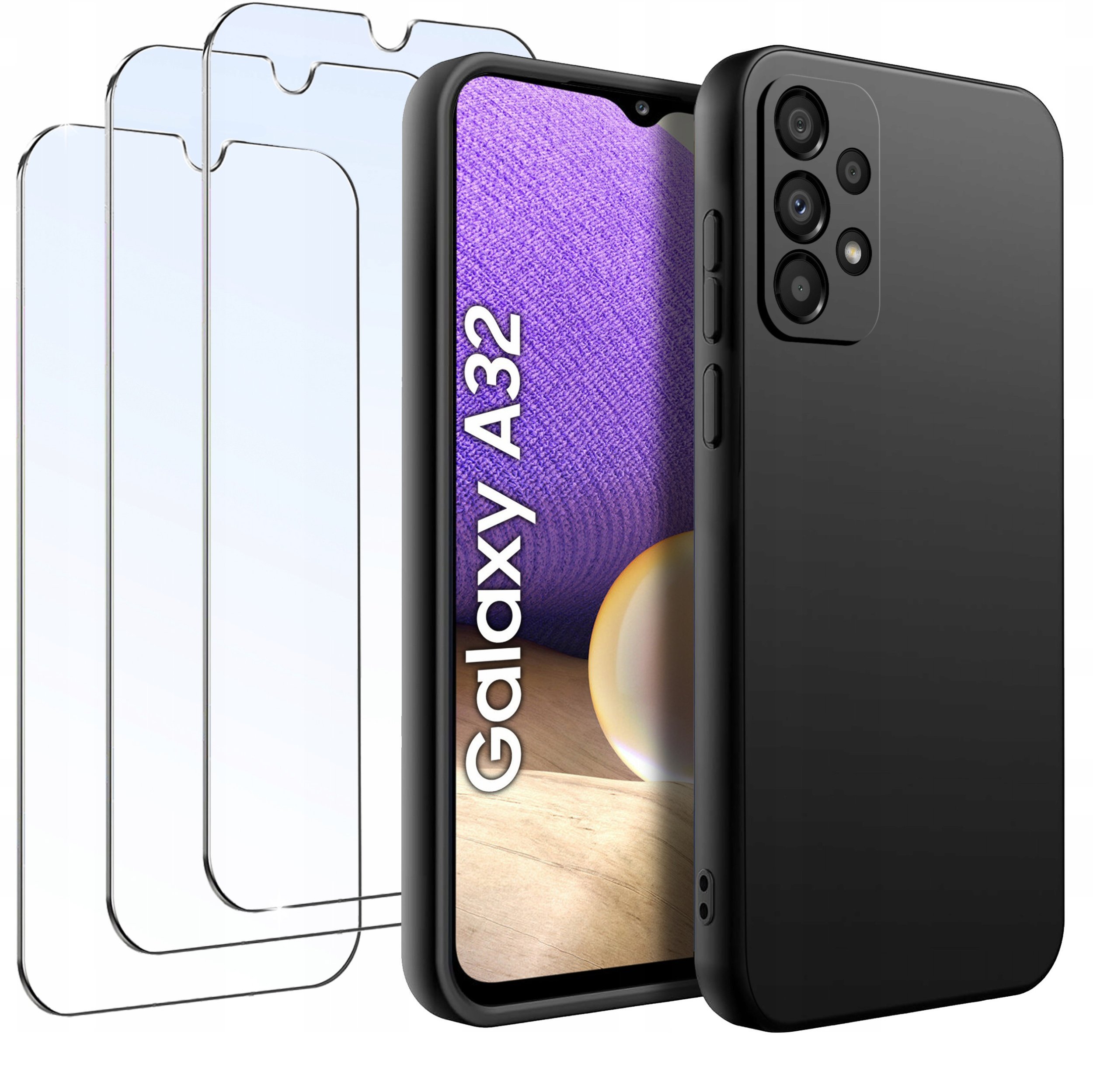 ZESTAW Etui do Samsung A32 4G Matowe Czarne Silikon Slim +3 SZTUKI SZKŁO