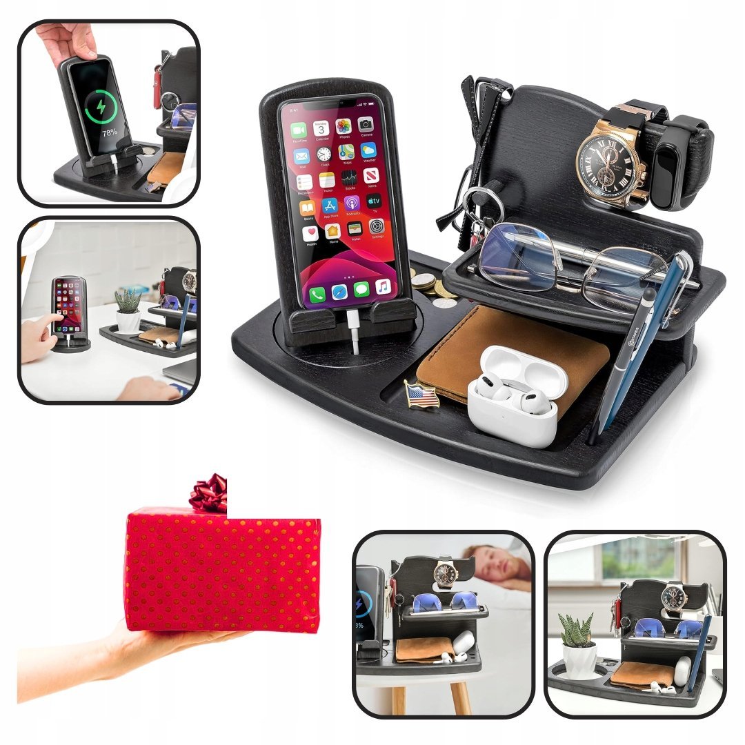 DREWNIANA STACJA DOKUJĄCA NA TELEFON, STOJAK NA PORTFEL I ZAGARKI ORGANIZER