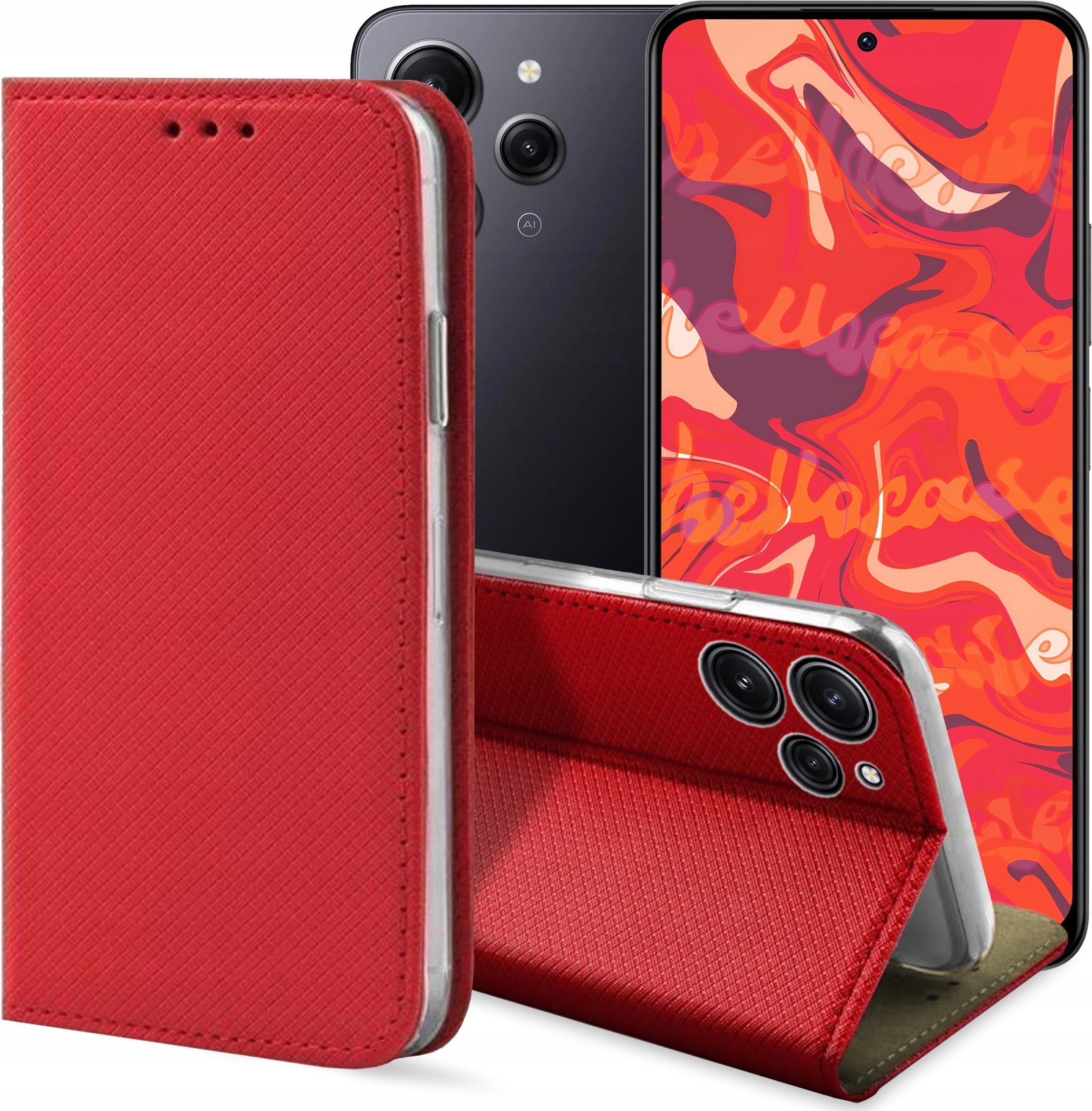 ETUI Z KLAPKĄ DO XIAOMI REDMI 12 4G CZERWONE MAGNETYCZNE OCHRONNE KABURA
