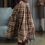 Spódnice - TEMU Elegancka Sukienka Midi A-Line z Kieszeniami dla Pań - Brązowo/Beżowy Wzór w Szkocką , Uszyta i Rozkloszowany Dół, Całoroczna Pranie Maszynowe - miniaturka - grafika 1