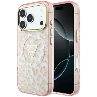 Etui GUESS IML Leopard Glitter Triangle Logo MagSafe do Apple iPhone 17 Pro Max/18 Pro Max Różowy