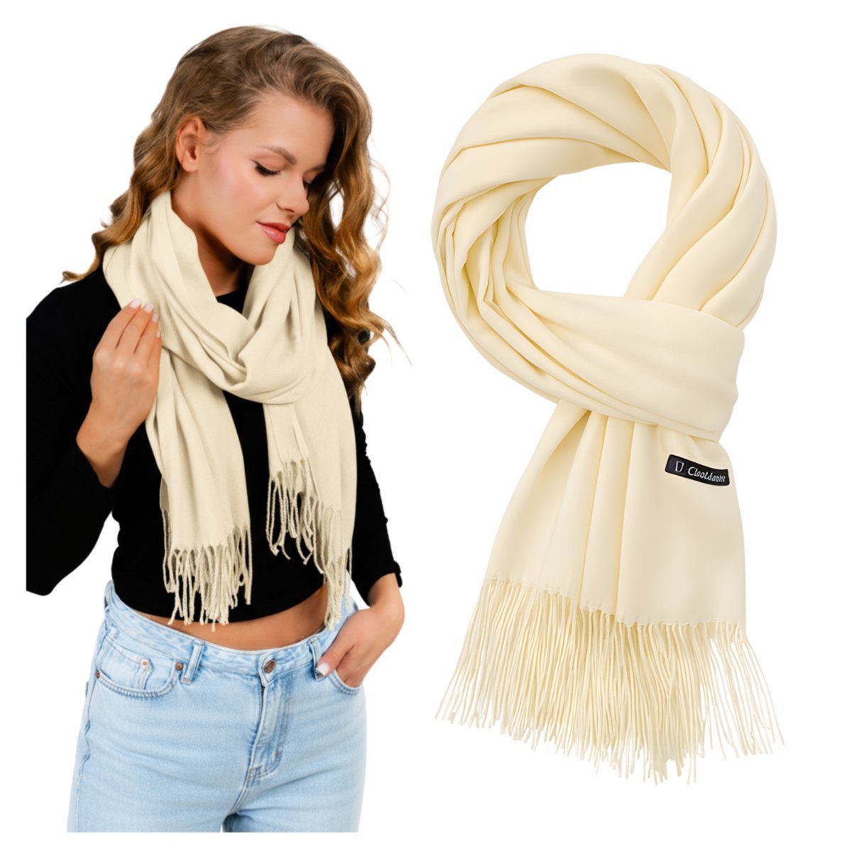 Ciepły Szalik Kremowy Duży Kaszmirowy Gładki Szal z Frędzlami Klasyczny