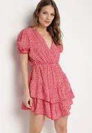 Sukienki - Czerwona Sukienka z Gumką w Talii z Kopertowym Dekoltem Ianveia - miniaturka - grafika 1