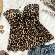 Koszule damskie - TEMU Koszulka z Leopardim Wzorem bez Rękawów dla Kobiet z Regulowanym Sznurowaniem i Falbanką na Dołku - Elegancki Top Letni do Codziennego Użytku, - miniaturka - grafika 1