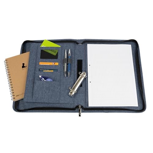 WEDO® Teczka pierścieniowa A4 Denim 2-pierścieniowa, z zamkiem błyskawicznym, kolor niebieski, 3 przegródki na karty, 2 przegródki na długopisy z gumową taśmą, wyjmowany segregator, duża rozkładana