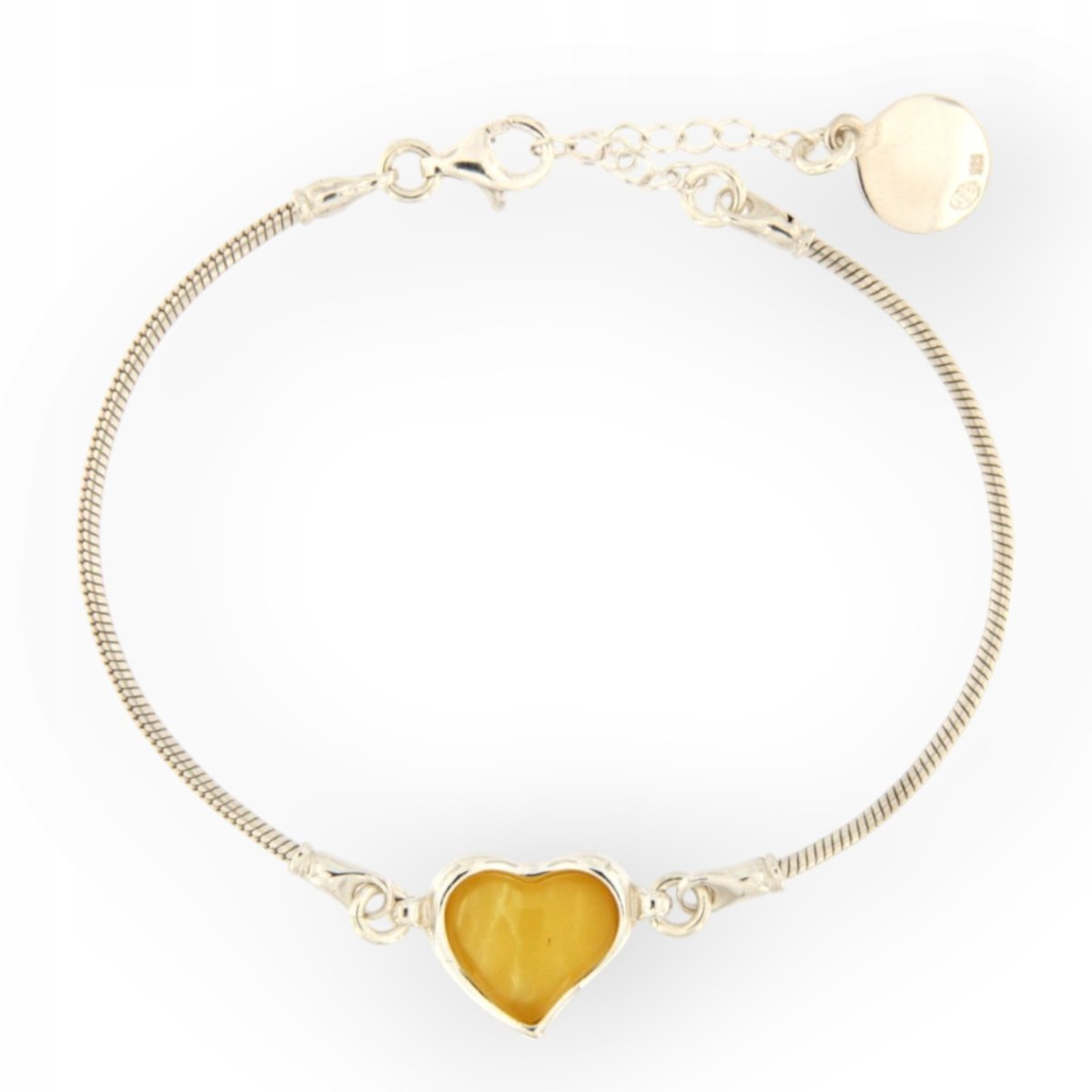 Bransoletka srebrna 925 z bursztynowym mlecznym sercem - regulowana