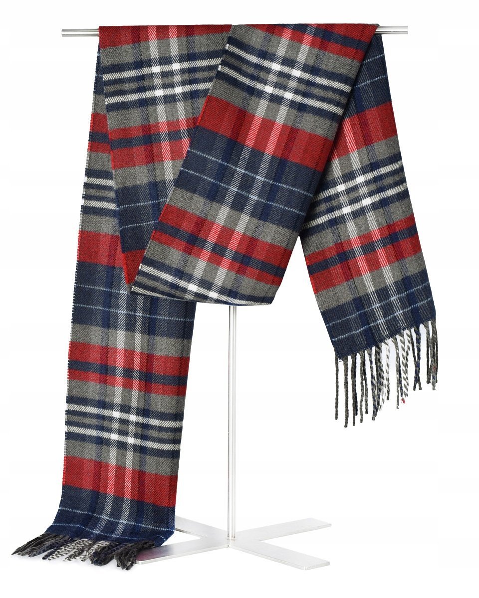 Szal Szalik Męski Zimowy Ciepły Granatowo - Czerwono - Szary W Kratkę