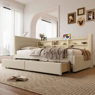 Sofy i kanapy - Sofa rozkładana 90×200 cm - z 2 szufladami - port USB + Type C - ze schowkiem - len - beżowa (materac nie jest zawarty) - miniaturka - grafika 1