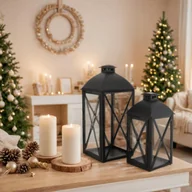 Lampiony i znicze - Komplet 2 latarenek metalowych 16,5 x 16,5 x 38 cm + 13,5 x 13,5 x 29 cm czarny - miniaturka - grafika 1