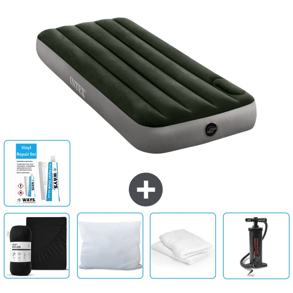 Dmuchane łóżko Intex - 1 osoba - 76 x 191 x 25 cm - zielone - prześcieradło - całowanie - pompka - zestaw naprawczy en ochraniacz na poduszkę