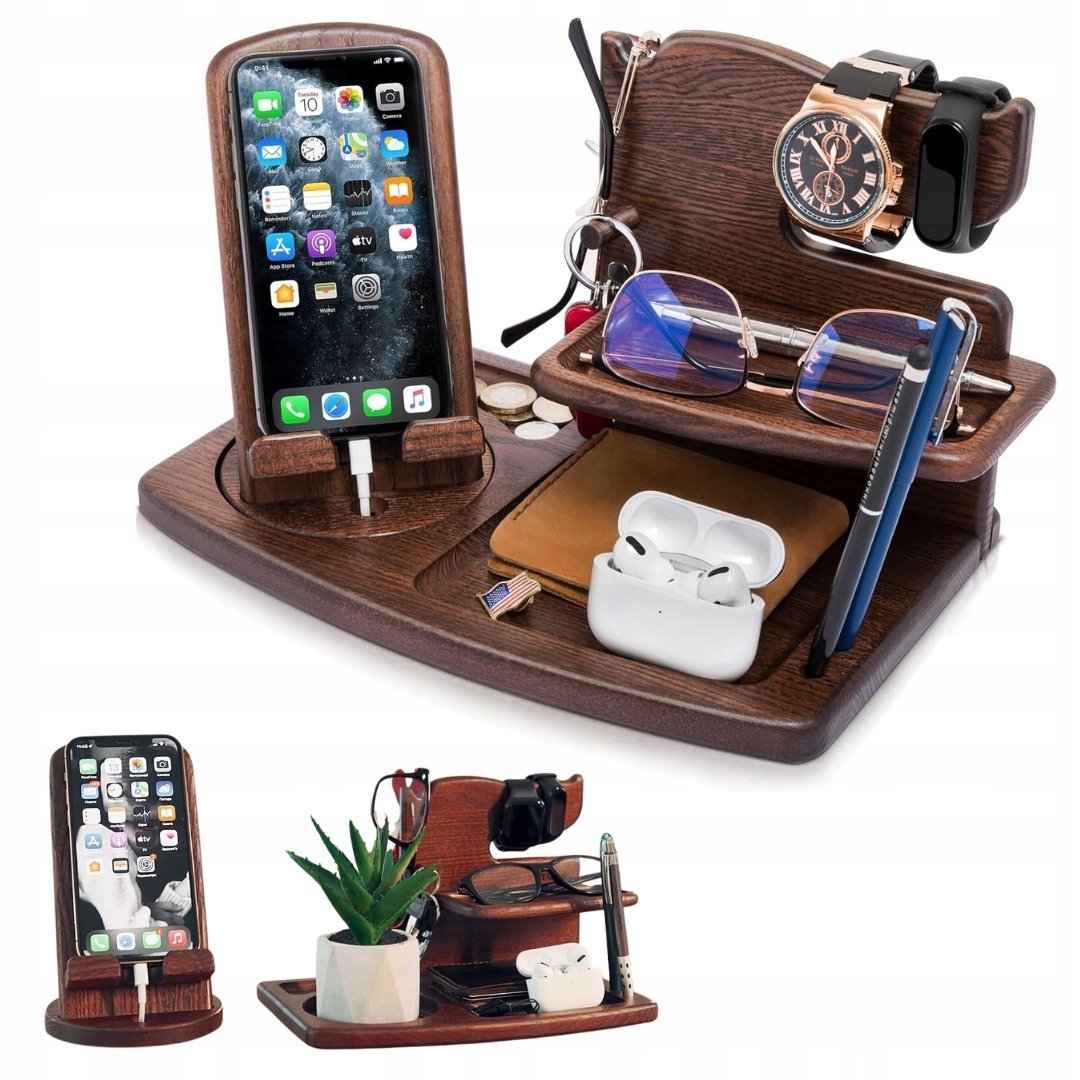 DREWNIANY STOJAK NA AKCESORIA STACJA DOKUJĄCA NA TELEFON ZEGAREK PORTFEL