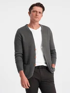 Swetry męskie - Dzianinowy męski kardigan z kieszeniami i ozdobnymi guzikami grafitowy melanż V2 OM-SWCD-0109 - Ombre Clothing - miniaturka - grafika 1