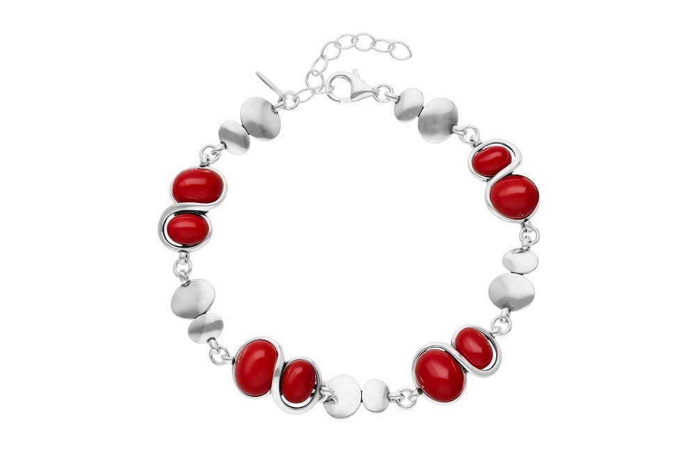 Srebrna bransoletka 925 gładka regulowana z czerwonymi kamieniami Koral
