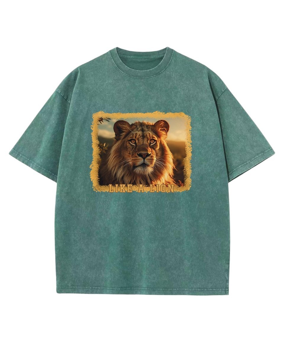 Męska koszulka oversize efekt sprania Lew Król Zwierząt Safari Zielona XL