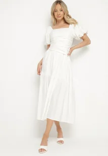 Biała Sukienka Rozkloszowana z Wiskozy z Kwadratowym Dekoltem i Drapowaniem Napessia - Sukienki - miniaturka - grafika 1