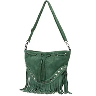 Torebki damskie - Ciemno- zielona Damska Torebka Worek Skóra Zamsz Frędzle Włoska X39 - miniaturka - grafika 1