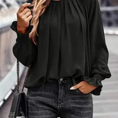 Koszule damskie - TEMU Ruched Shirred Cuff Blouse, Elegancka Jednokolorowa Bluzka Z Okrągłym Dekoltem I Rękawami Latarniami Na Wiosnę I Jesień, Odzież Damska - miniaturka - grafika 1