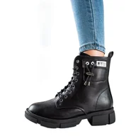 Botki damskie - Goodin Czarne sznurowane workery z ozdobą - miniaturka - grafika 1