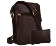 Torby męskie - Torba męska skórzana PETERSON miejska saszetka listonoszka na ramię crossbody kieszonki na suwak mała brązowa + etui na klucze - miniaturka - grafika 1