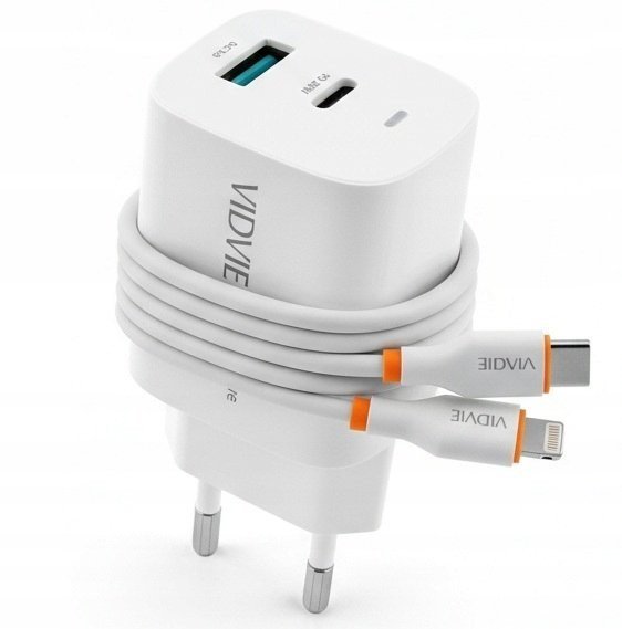 VIDVIE Szybka Ładowarka Sieciowa 1x USB/1x PD 20W + Kabel USB C/LIGHTNING