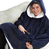 Bluzy damskie - BLUZA KOC KOCOBLUZA OVERSIZE GRUBA FUTRZAK 2w1 CIEPŁA Z KAPTUREM NIEBIESKA - miniaturka - grafika 1