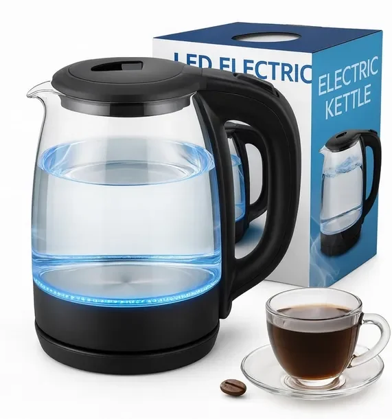 Czajnik Elektryczny Bezprzewodowy 2,0l 2200w Szklany Led Czarny